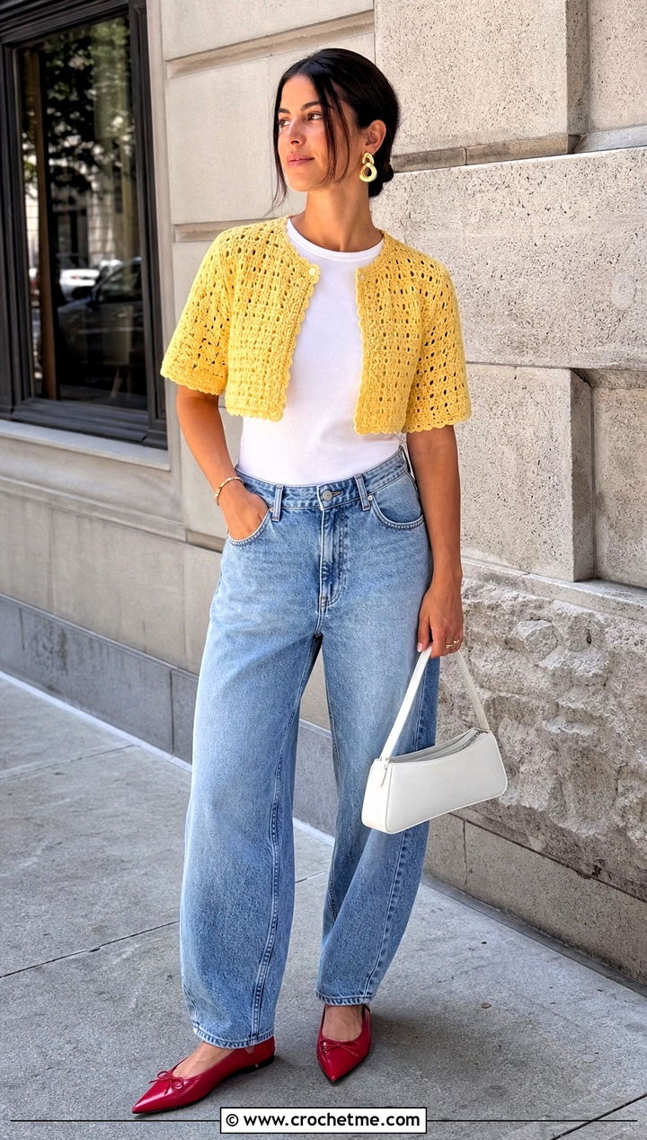 Cropped Crochet Shrug With Barrel Jeans - 25 cute crochet shrug outfit ideas