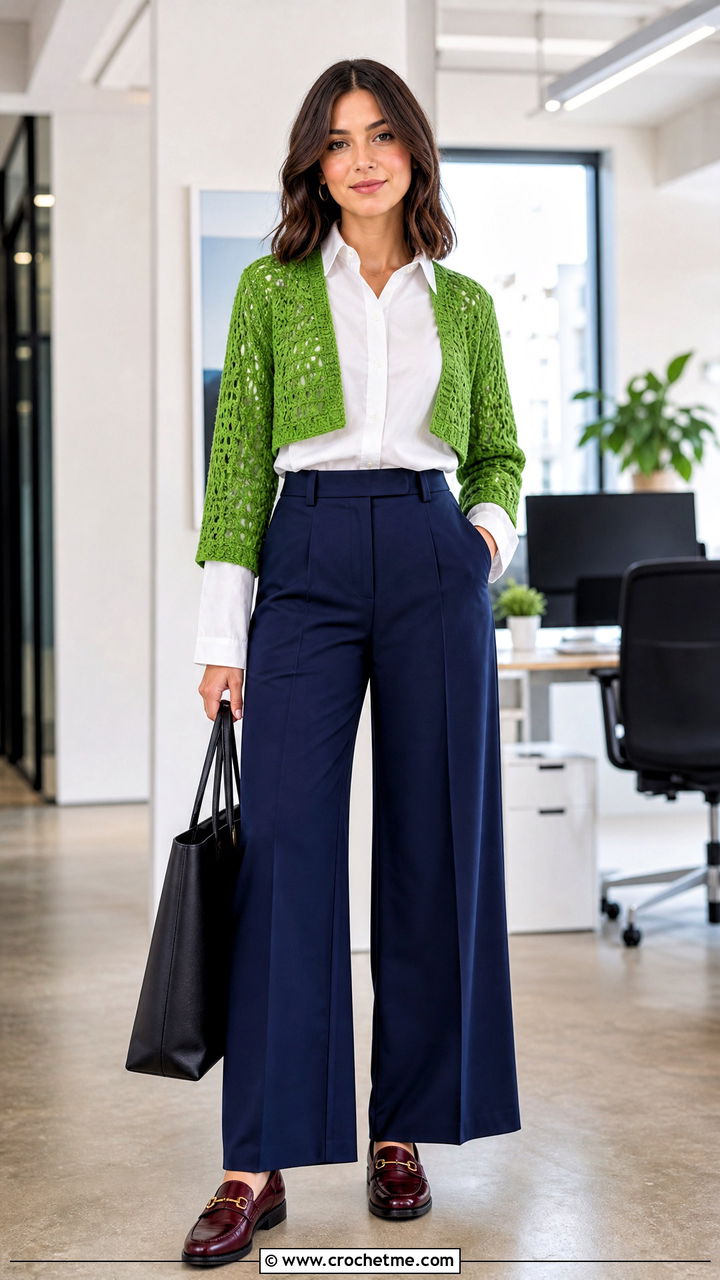 Cropped Crochet Shrug With Button Down Shirt and Wide Leg Pants - 35 crochet shrugs outfit ideas