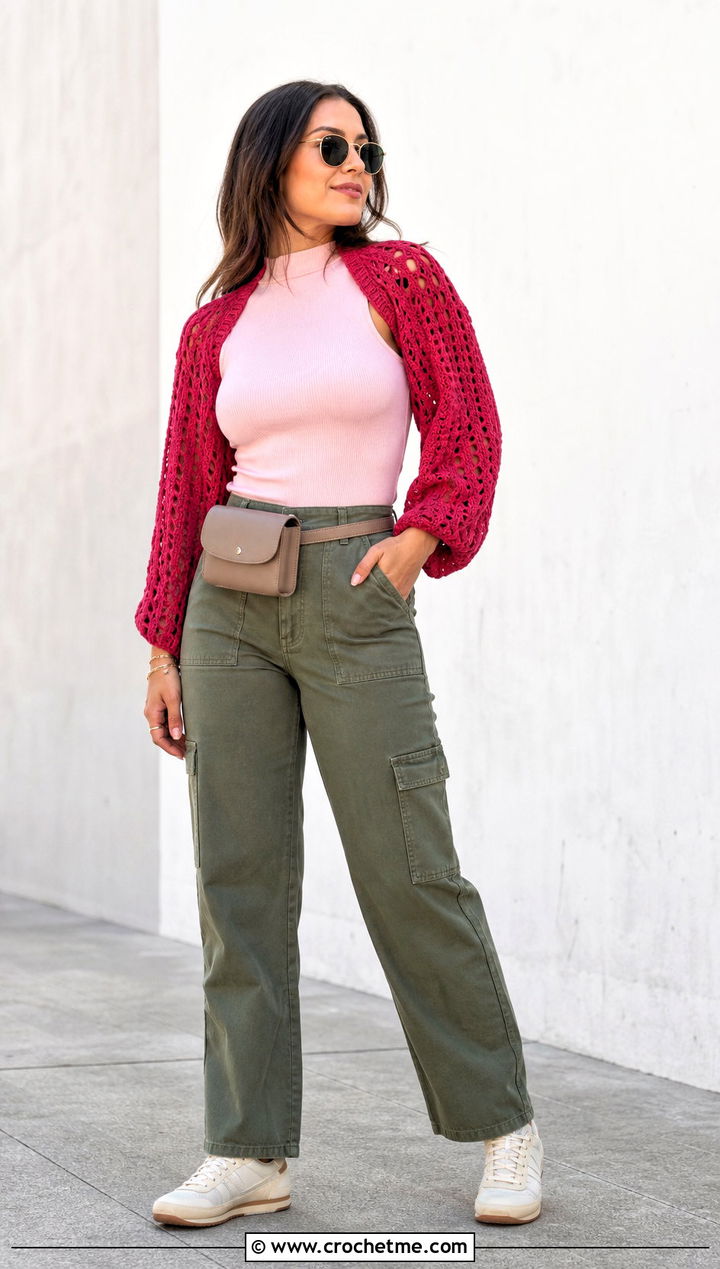 Cropped Crochet Shrug With Cargo Pants - 25 simple crochet shrug outfit ideas
