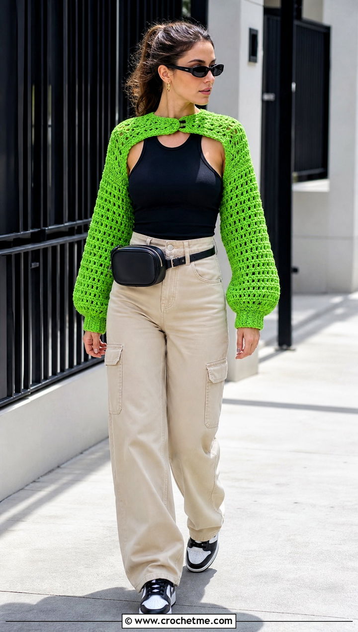 Cropped Crochet Shrug With Cargo Pants - 30 crochet shrug for women outfit ideas