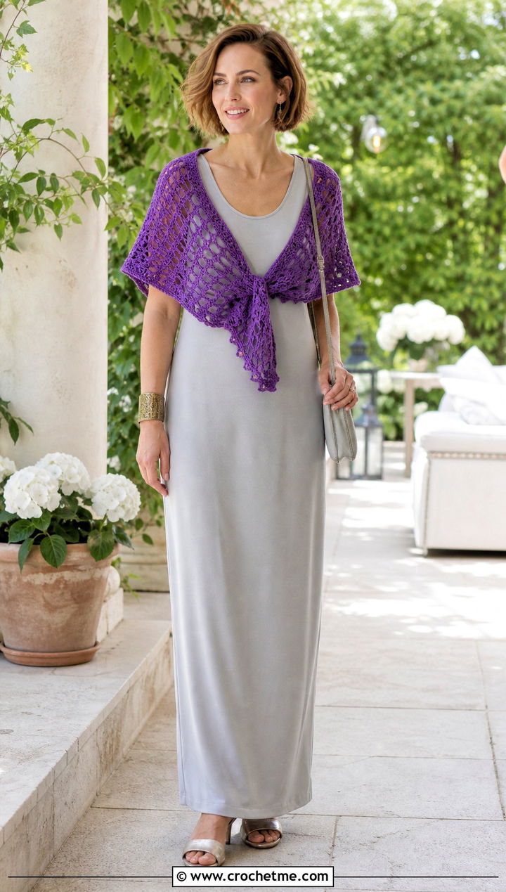 Cropped Crochet Shrug Wrap With Column Maxi Dress - 25 crochet shrug wrap outfit ideas