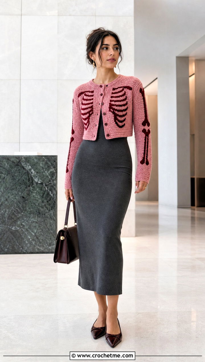 Cropped Crochet Skeleton Cardigan With Column Dress - 30 Crochet Skeleton Sweater outfit ideas