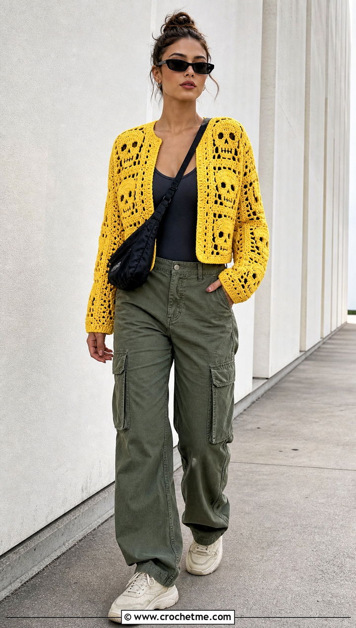 Cropped Crochet Skull Granny Square Cardigan With Cargo Pants - 25 crochet skull granny square cardigan outfit ideas