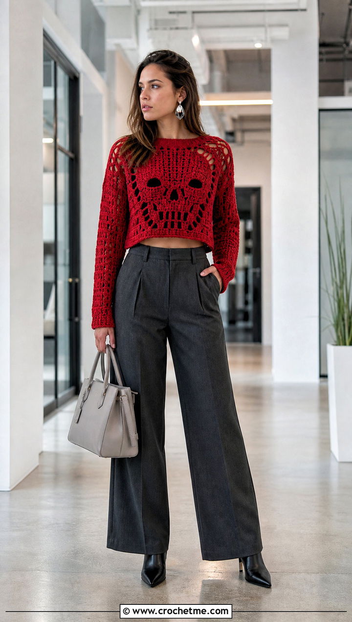 Cropped Crochet Skull Sweater With Wide Leg Trousers - 35 crochet skull sweater outfit ideas