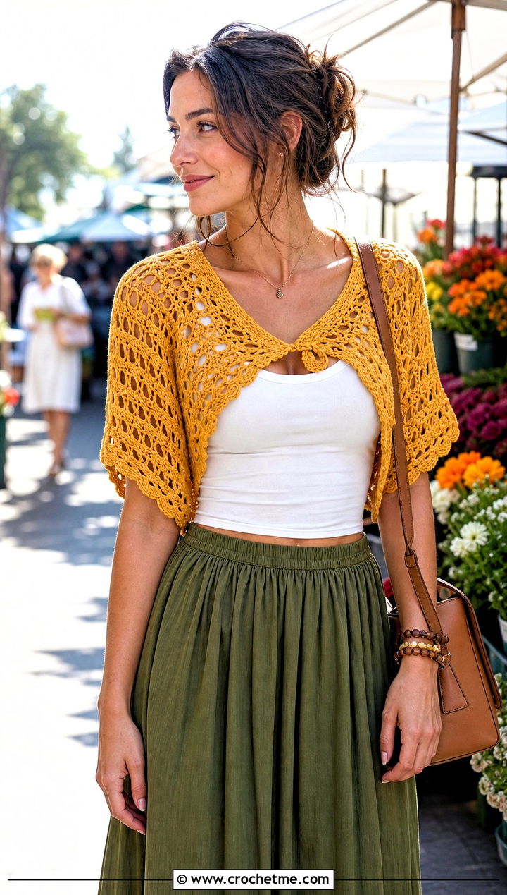 Cropped Crochet Sleeve Scarf With Maxi Skirt - 30 crochet sleeve scarf outfit ideas