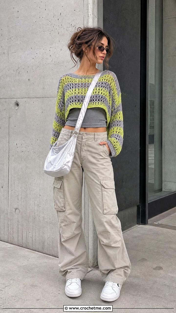 Cropped Crochet Striped Sweater With Cargo Pants - 35 crochet striped sweater outfit ideas
