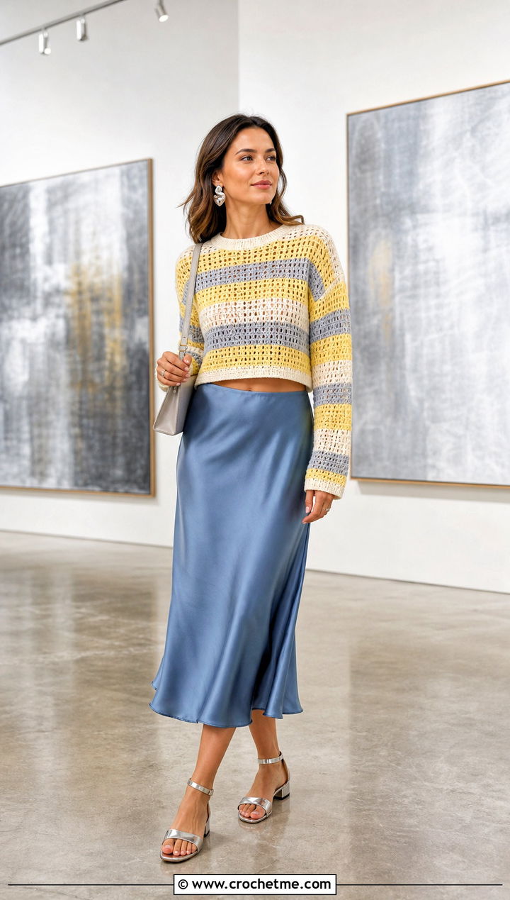 Cropped Crochet Striped Sweater With Satin Midi Skirt - 15 Crochet Stripped Sweater outfit ideas