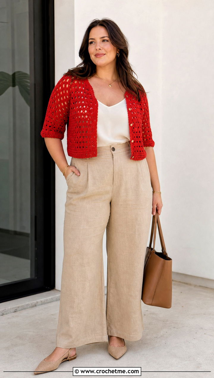 Cropped Crochet Summer Cardigan With Linen Trousers - 30 plus size crochet summer cardigan outfit ideas