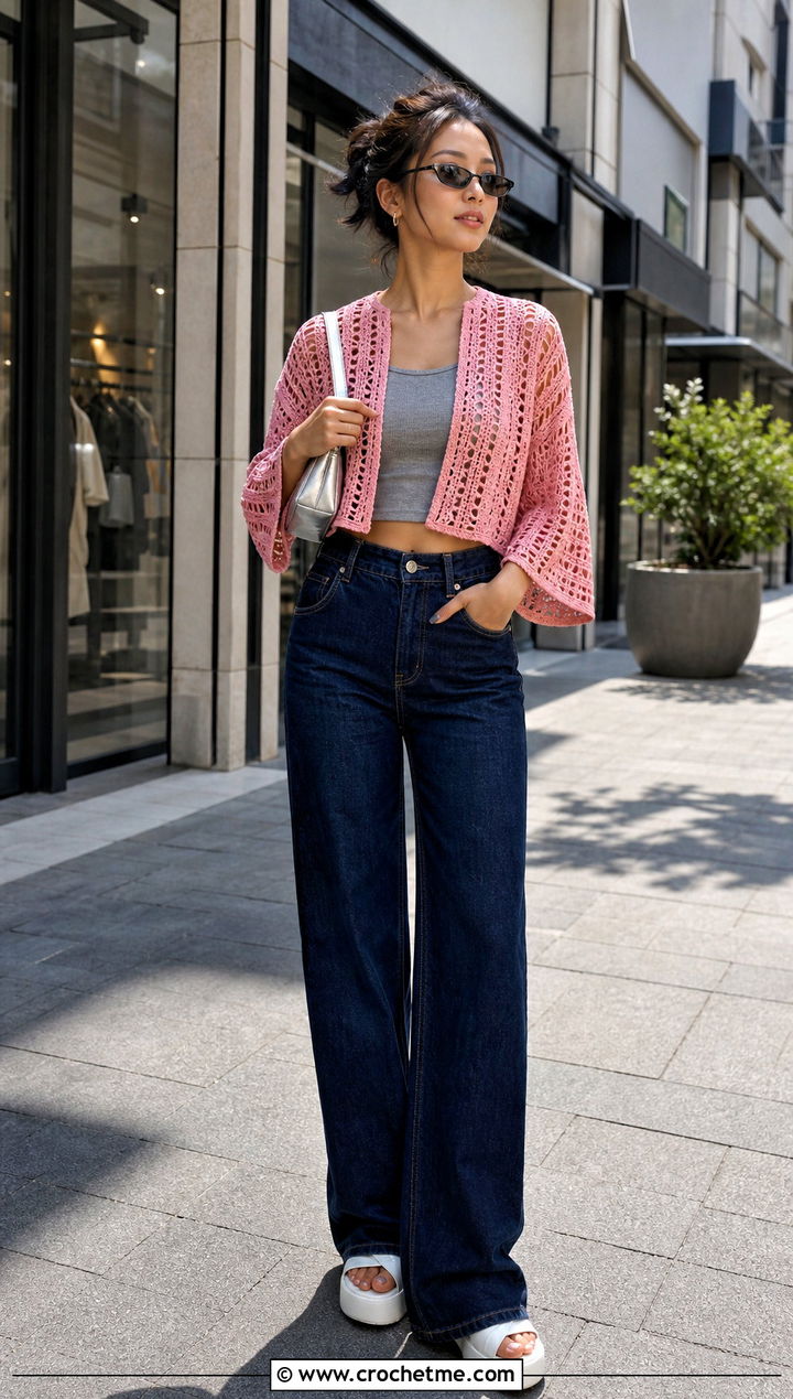 Cropped Crochet Summer Kimono With Wide Leg Jeans - 30 crochet summer kimono outfit ideas