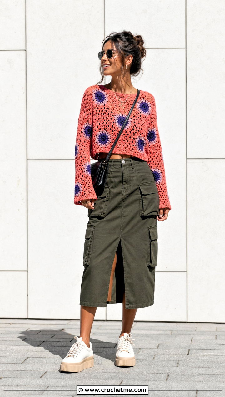 Cropped Crochet Sunflower Sweater With Cargo Midi Skirt - 35 crochet sunflower sweater outfit ideas