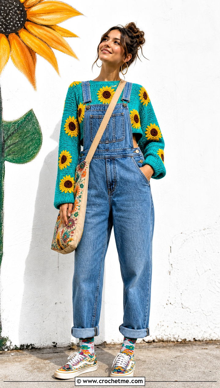 Cropped Crochet Sunflower Sweater With Denim Overalls - 35 crochet sunflower sweater outfit ideas