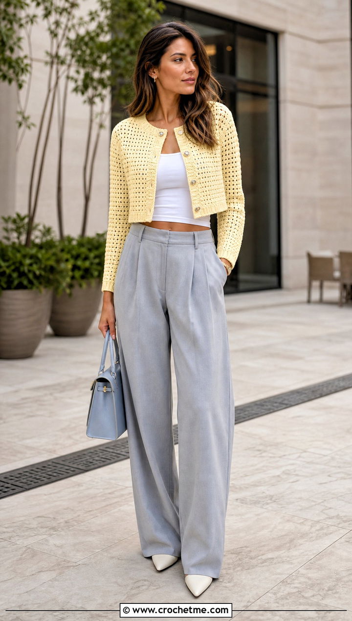 Cropped Crochet Sweater Jacket With Wide Leg Trousers - 20 Crochet Sweater Jacket outfit ideas