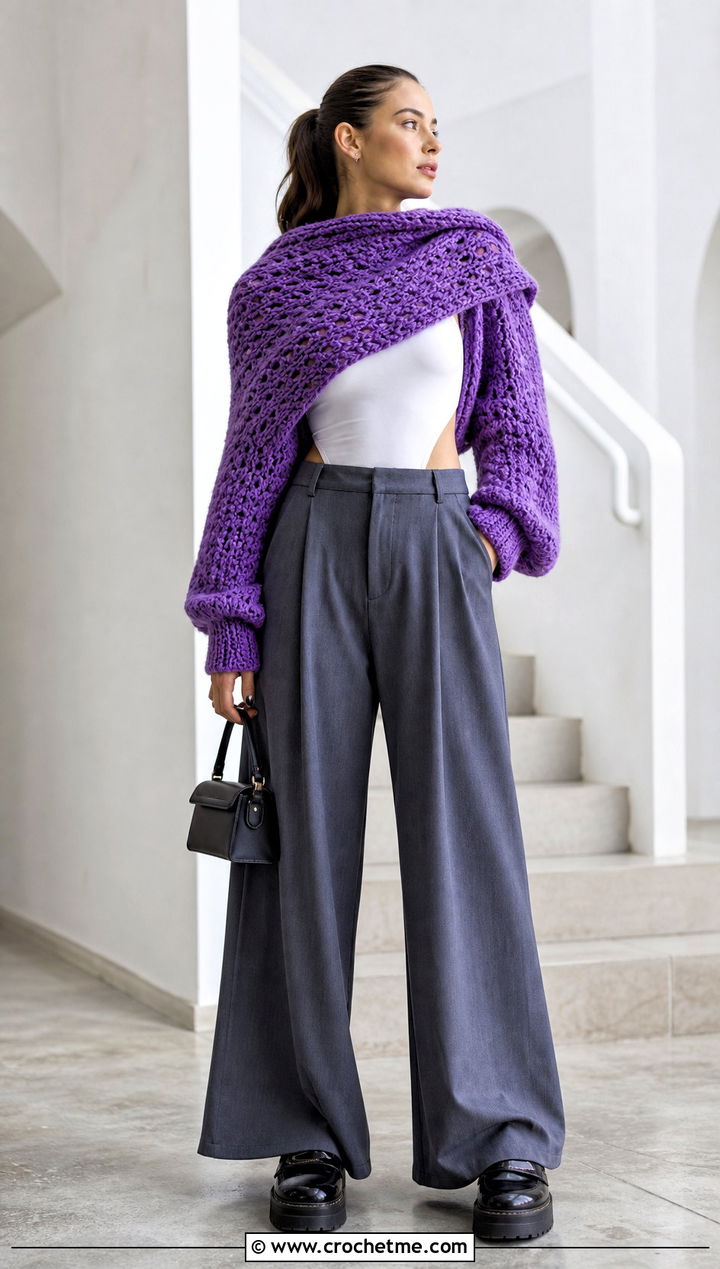 Cropped Crochet Sweater Scarf With Sleeves And Wide Leg Pants - 25 crochet sweater scarf with sleeves outfit ideas