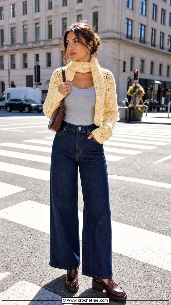 Cropped Crochet Sweater Scarf With Wide Leg Jeans - 35 crochet sweater scarf outfit ideas