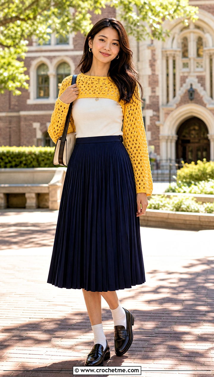 Cropped Crochet Sweater Shawl With Pleated Midi Skirt - 25 crochet sweater shawl outfit ideas