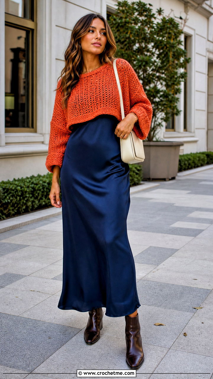 Cropped Crochet Sweater Top Over Slip Dress - 35 crocheted tops outfit ideas