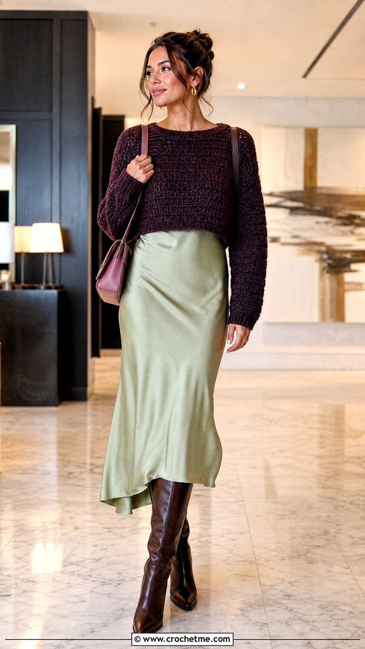 Cropped Crochet Sweater Top With A Slip Dress - 35 crochet knit top outfit ideas