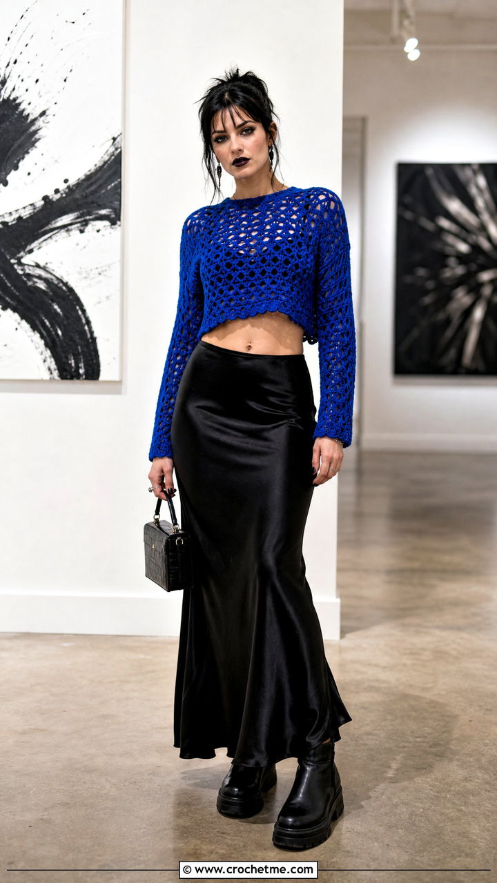 Cropped Crochet Sweater Top With Slip Skirt - 35 goth crochet top outfit ideas