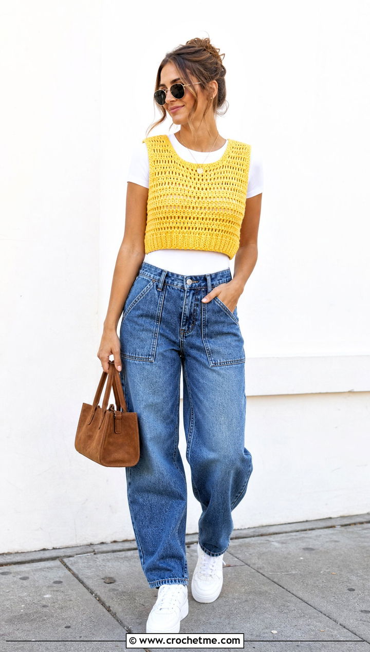 Cropped Crochet Sweater Vest With Barrel Jeans - 15 Boho Style Crochet Vest outfit ideas