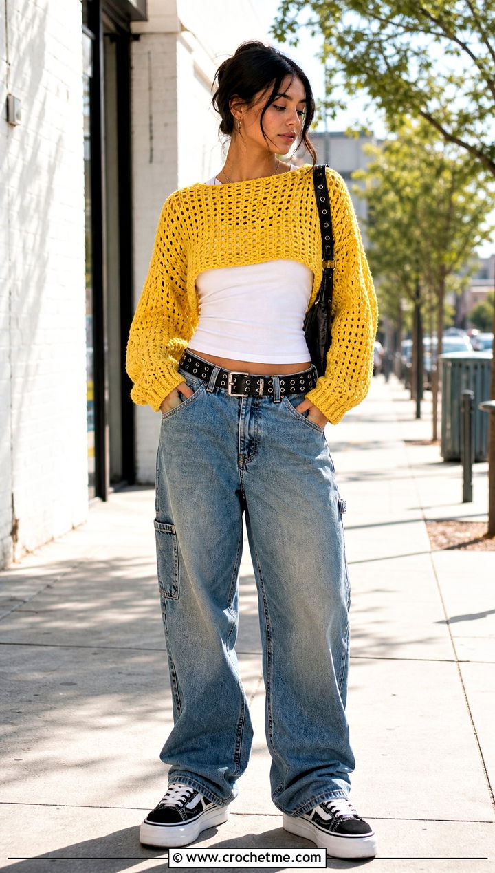 Cropped Crochet Sweater With Baggy Jeans - 25 alt crochet sweater outfit ideas