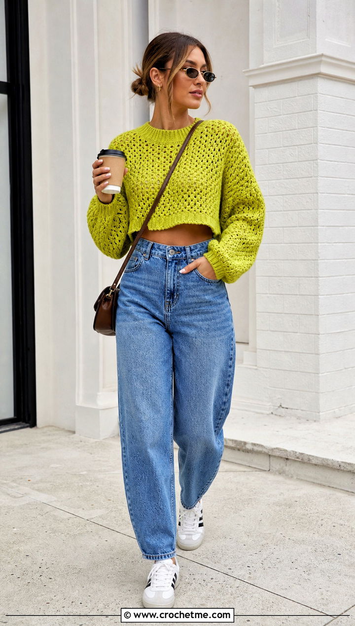 Cropped Crochet Sweater With Barrel Jeans - 30 crochet women sweater outfit ideas