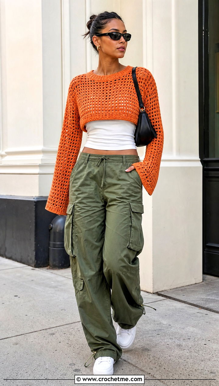 Cropped Crochet Sweater With Cargo Pants - 30 crochet sweater inspiration outfit ideas