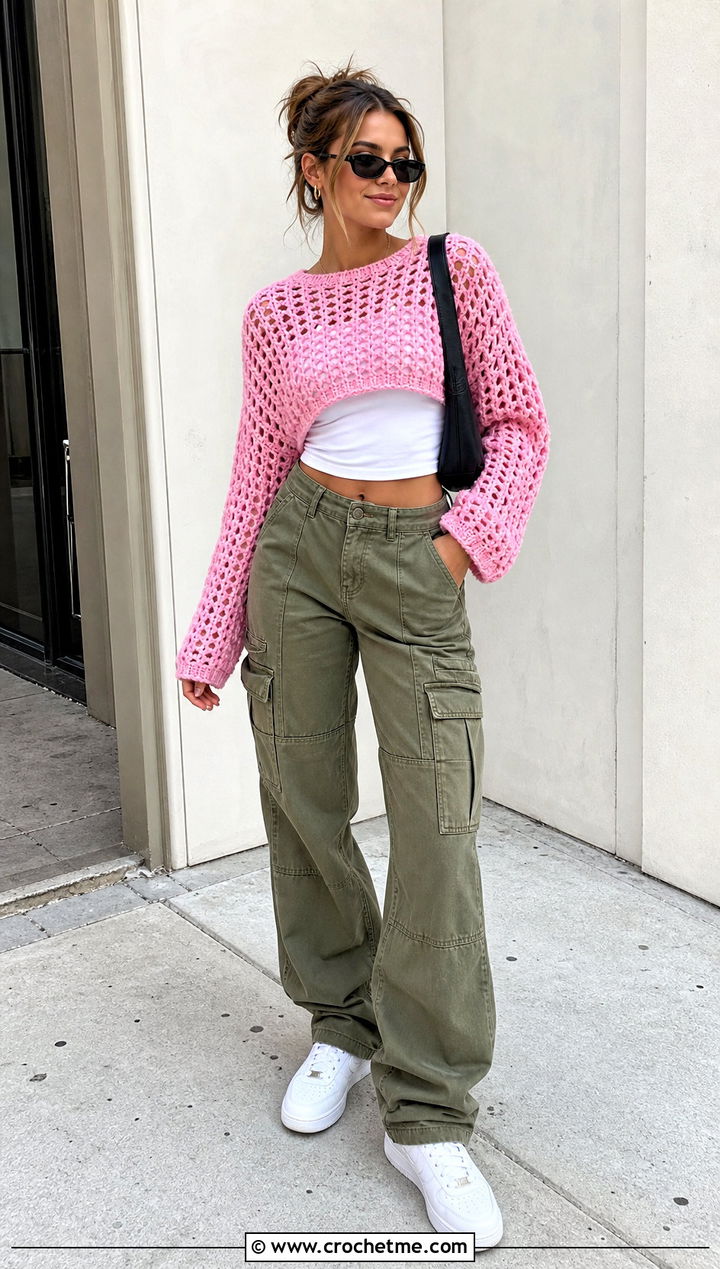 Cropped Crochet Sweater With Cargo Pants - 15 bright crochet sweater design outfit ideas