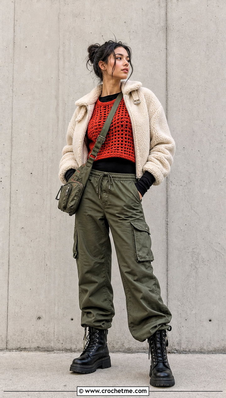Cropped Crochet Sweater With Cargo Pants - 25 winter crochet outfit ideas