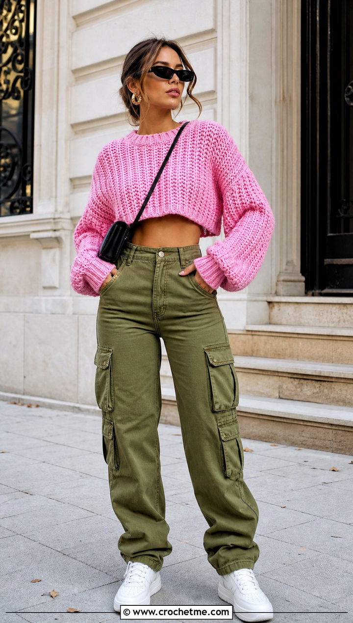 Cropped Crochet Sweater With Cargo Pants - 30 cool crochet sweater outfit ideas