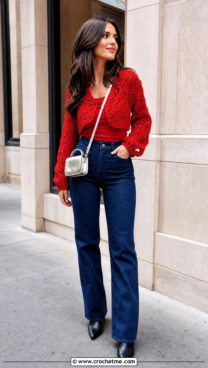 Cropped Crochet Sweater With High Waisted Jeans - 15 adult crochet sweater outfit ideas