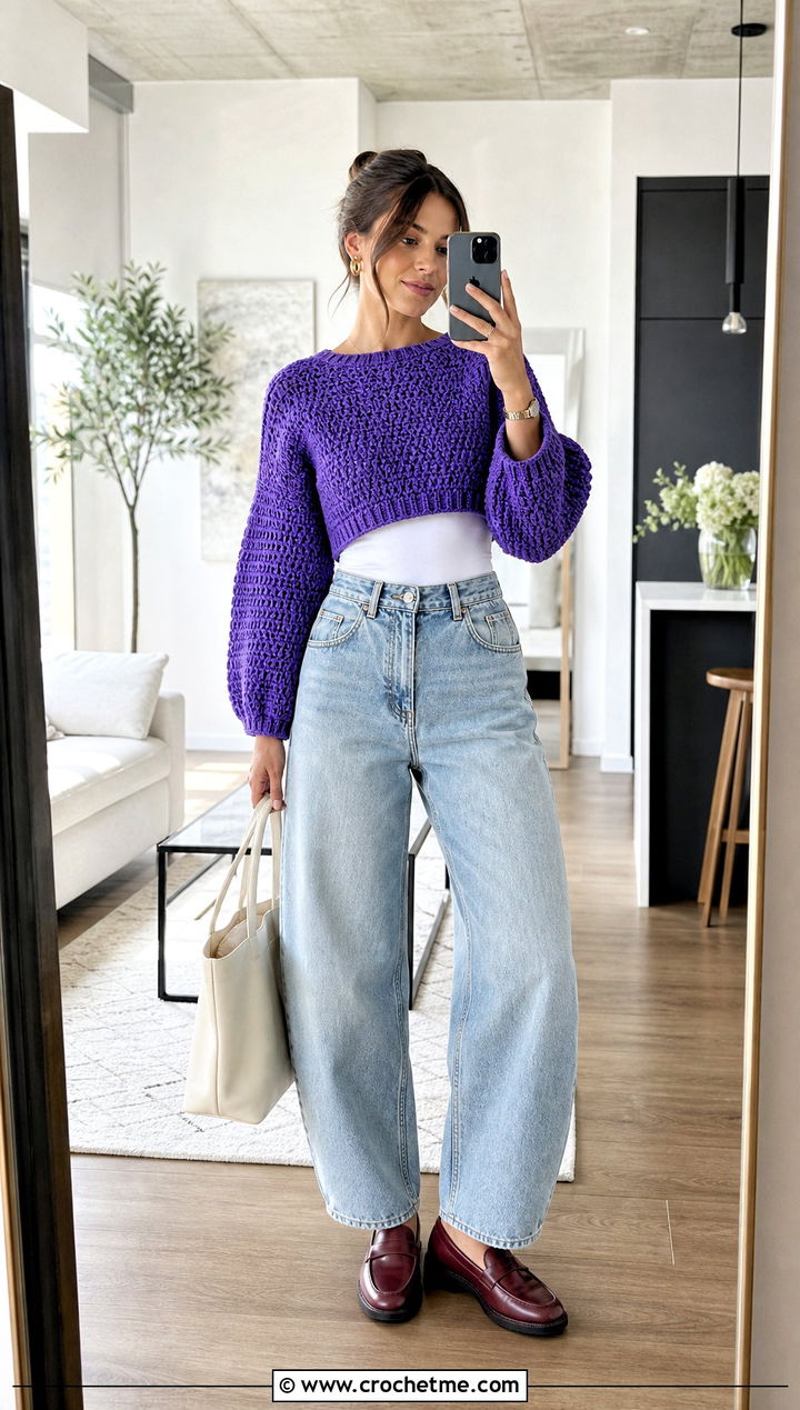 Cropped Crochet Sweater With High Waisted Jeans - 15 Crochet Shirt Sweaters & Cardigans outfit ideas