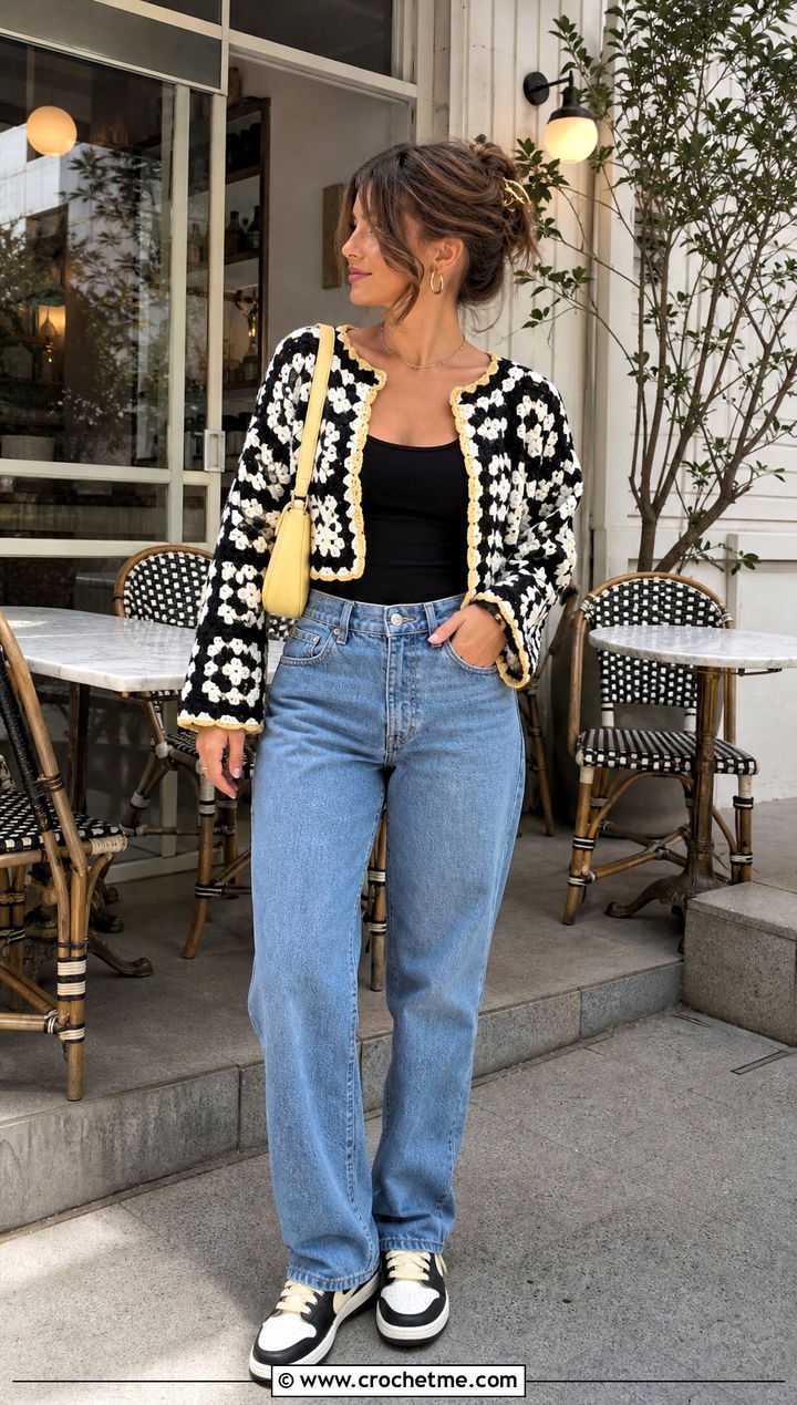 Cropped Crochet Sweater With High Waisted Jeans - 35 black and white crochet sweater outfit ideas