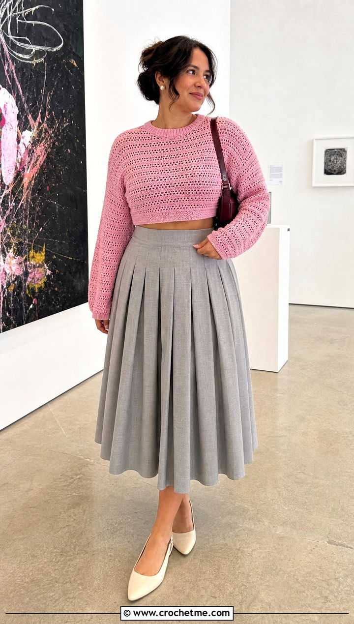 Cropped Crochet Sweater With High Waisted Midi Skirt - 25 Crochet For Sweaters For Women outfit ideas