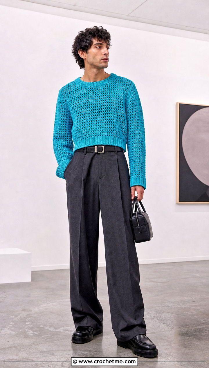 Cropped Crochet Sweater With High Waisted Trousers - 30 male crochet sweater outfit ideas