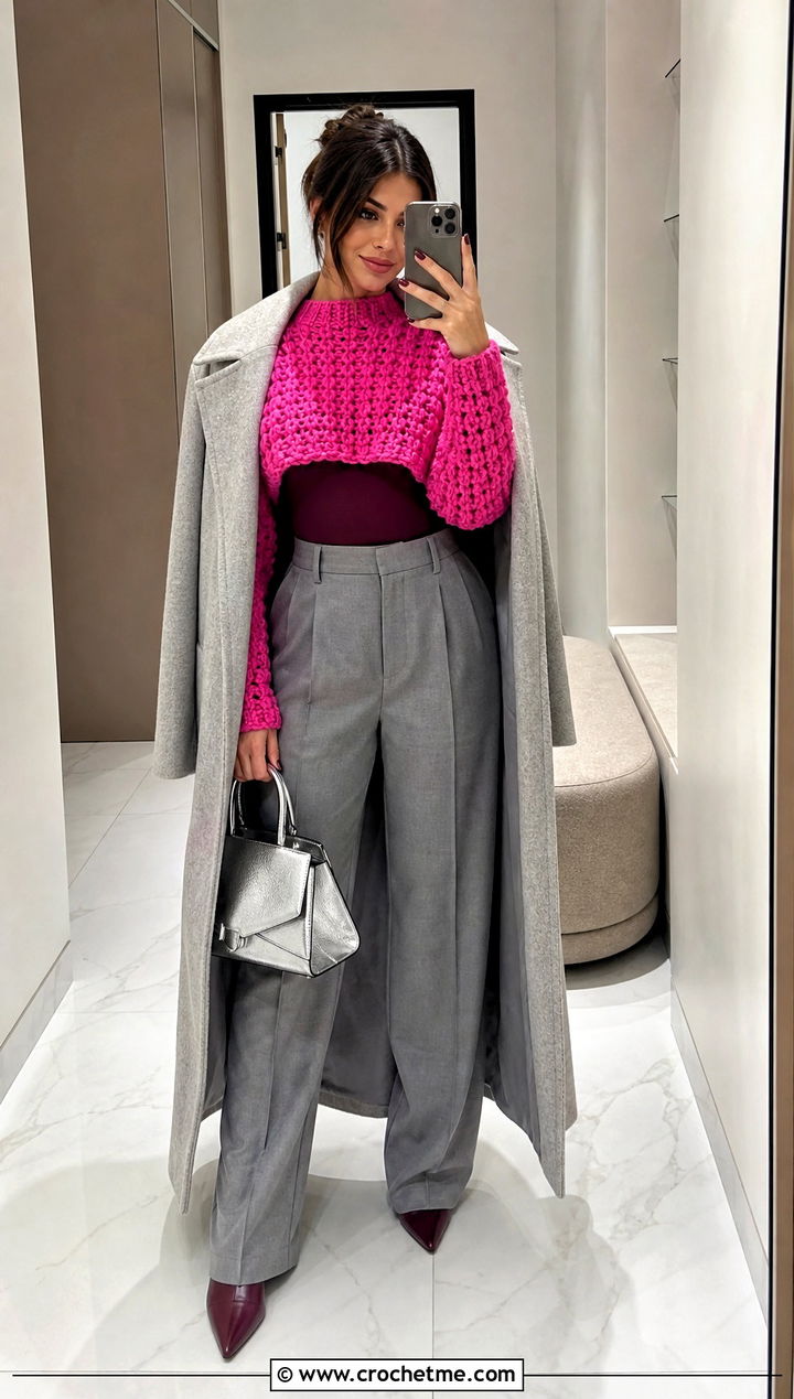 Cropped Crochet Sweater With High Waisted Trousers - 30 winter crochet sweater outfit ideas