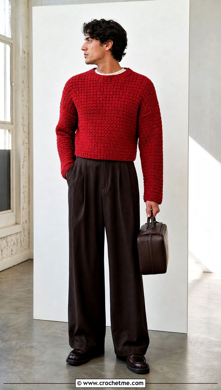 Cropped Crochet Sweater With High Waisted Trousers - 35 crochet man sweaters outfit ideas