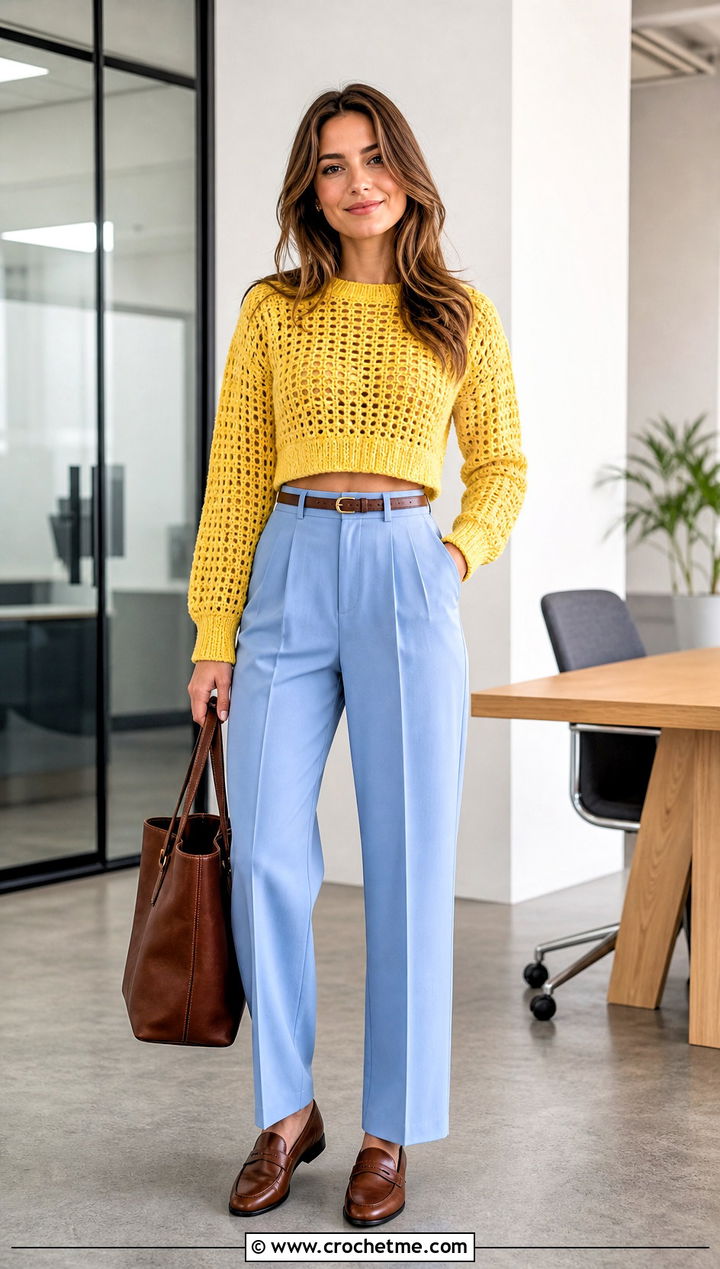 Cropped Crochet Sweater With High Waisted Trousers - 35 crochet sweater for women outfit ideas