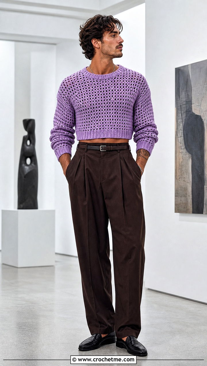 Cropped Crochet Sweater With High Waisted Trousers - 25 man crochet sweater outfit ideas