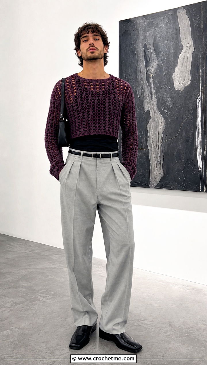 Cropped Crochet Sweater With High Waisted Trousers - 25 Mens Crochet Sweaters outfit ideas