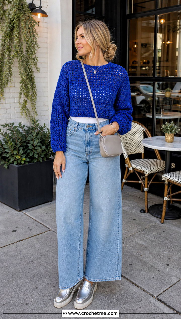 Cropped Crochet Sweater With High Waisted Wide Leg Jeans - 25 Valentines Day Crochet Sweater outfit ideas