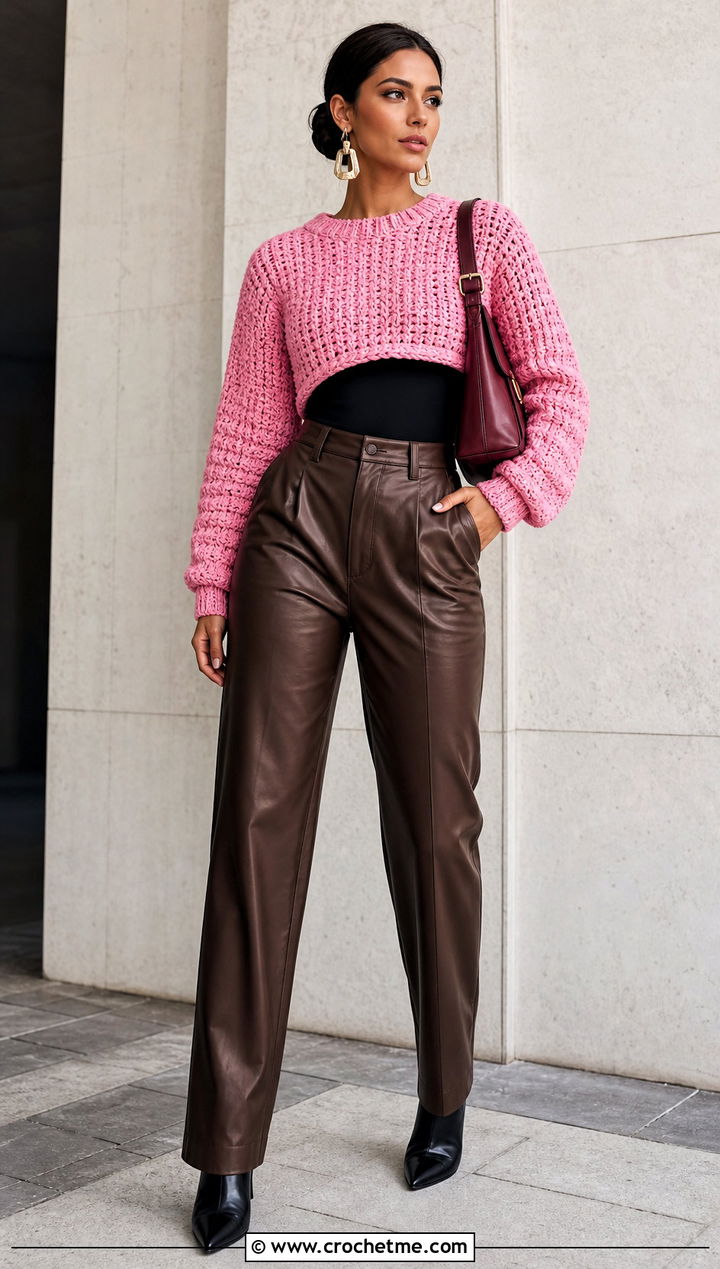 Cropped Crochet Sweater With Leather Pants - 15 Crochet Sweater Aesthetic outfit ideas
