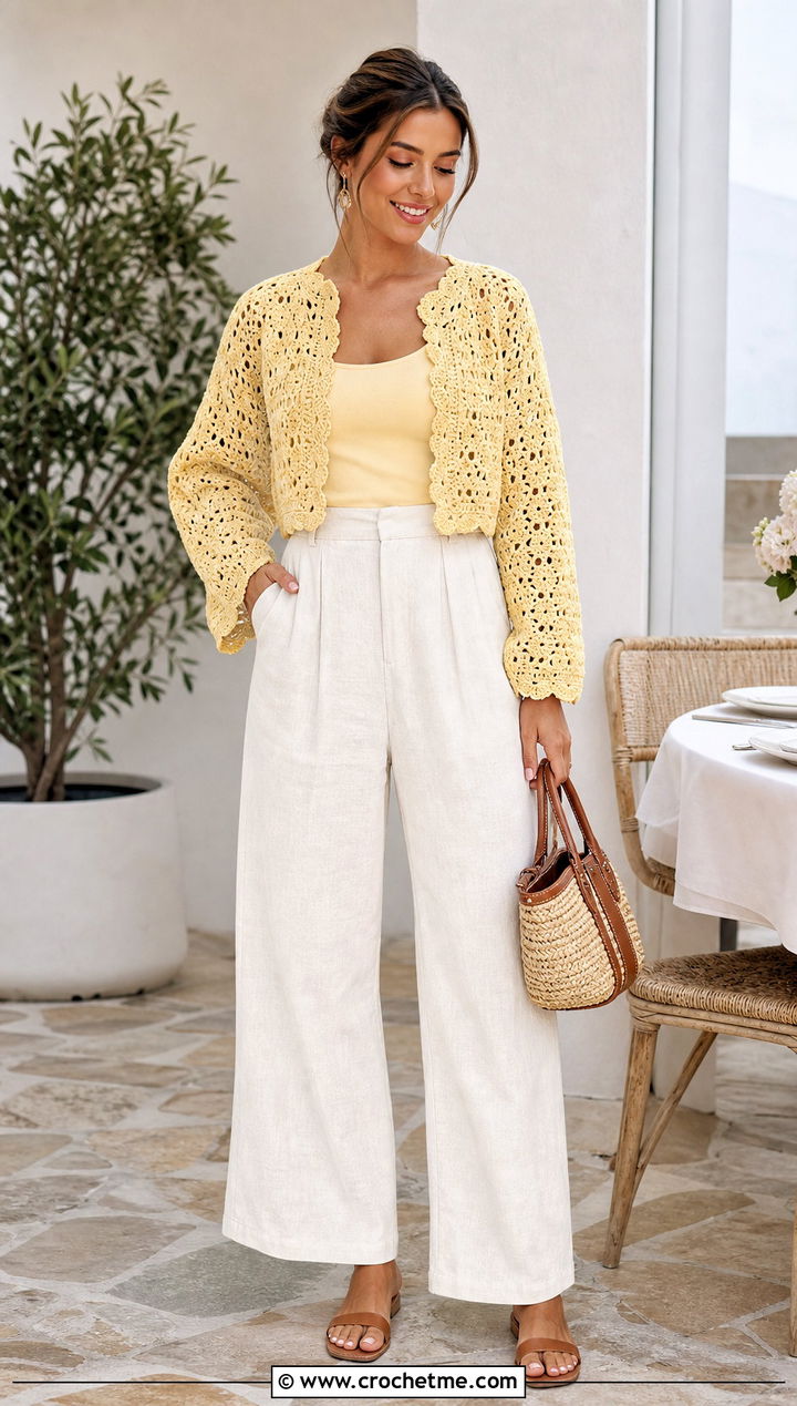 Cropped Crochet Sweater With Linen Pants - 35 summer crochet sweater outfit ideas