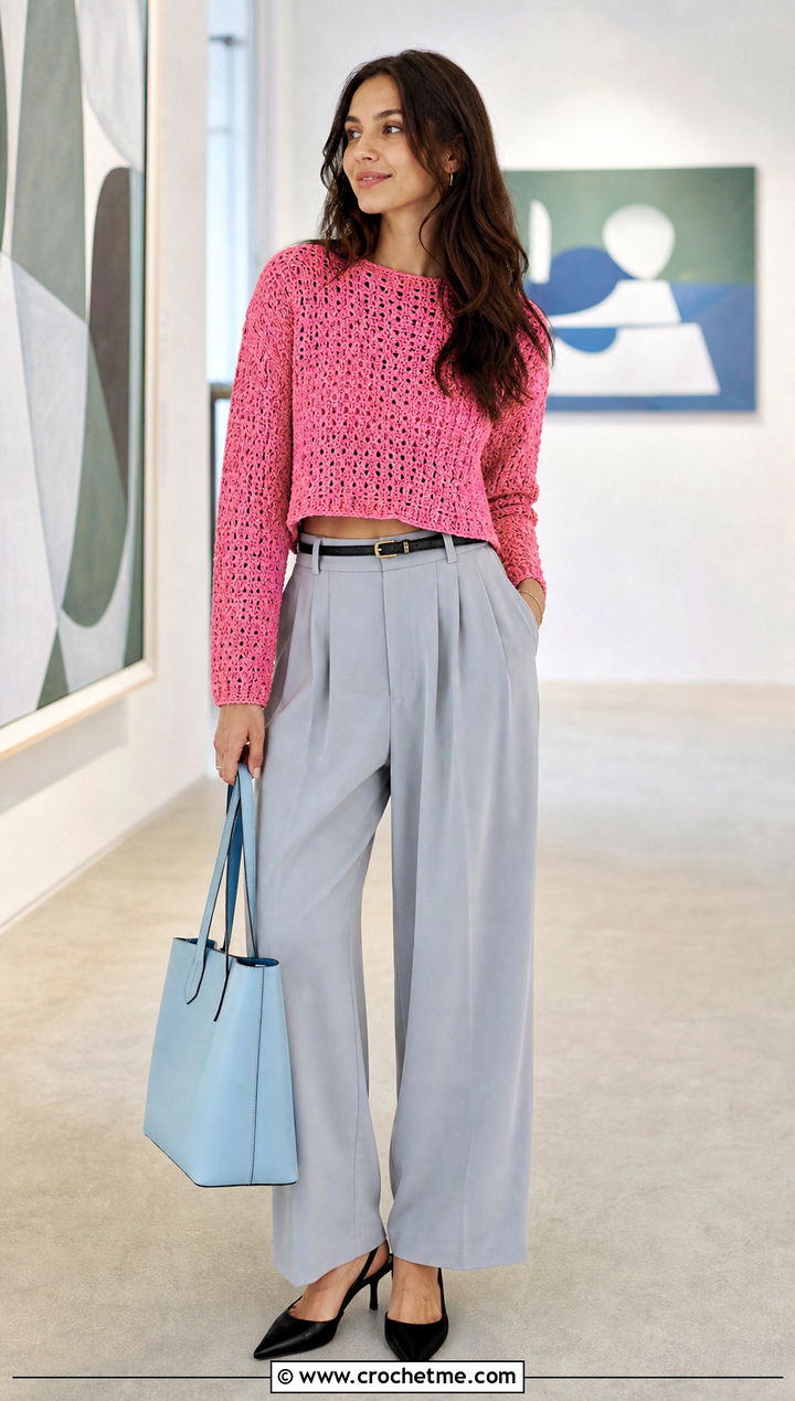 Cropped Crochet Sweater With Pleated Trousers - 15 Crochet Womens Sweaters outfit ideas