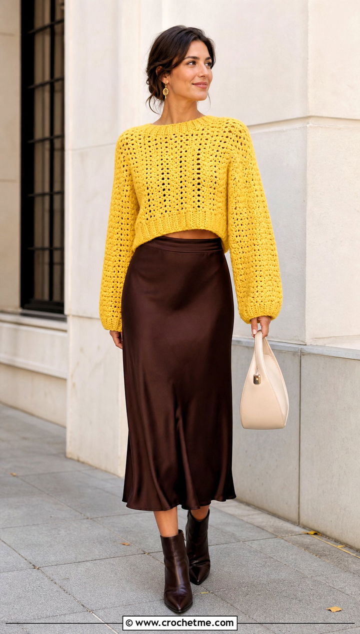 Cropped Crochet Sweater With Satin Midi Skirt - 25 Fire Crochet Sweater outfit ideas