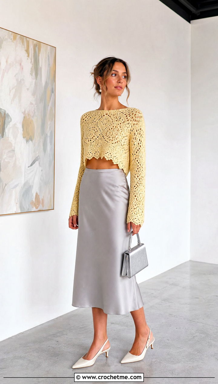 Cropped Crochet Sweater With Satin Midi Skirt - 15 crochet sweater collection outfit ideas