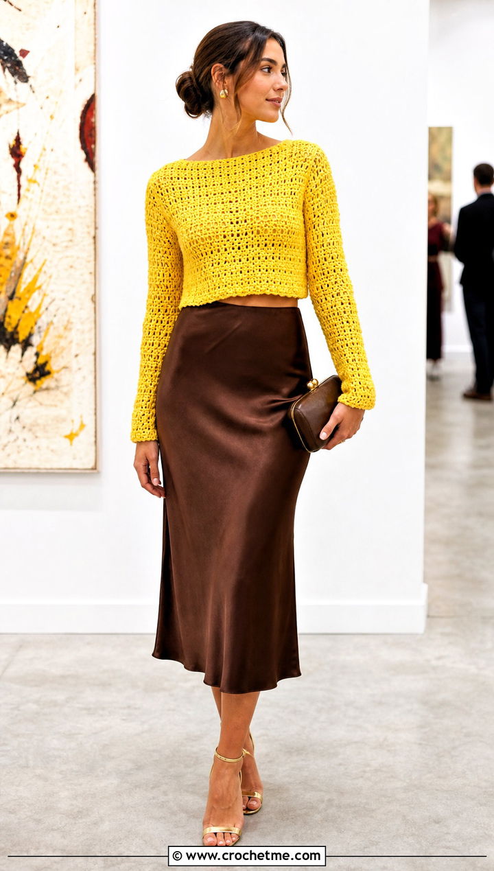 Cropped Crochet Sweater With Satin Midi Skirt - 15 Modern Crochet Sweater outfit ideas