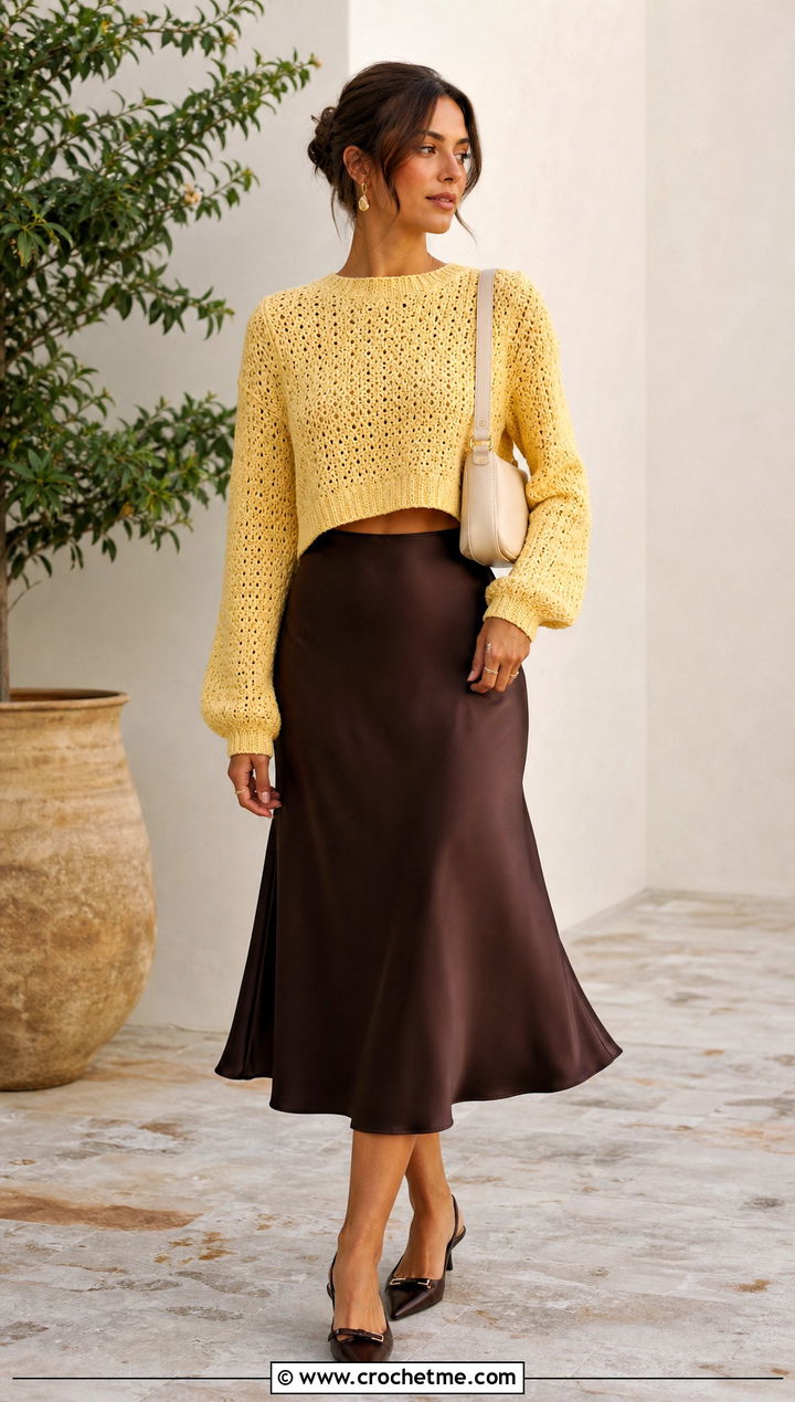 Cropped Crochet Sweater With Satin Midi Skirt - 30 Crocheted Sweater Outfit ideas