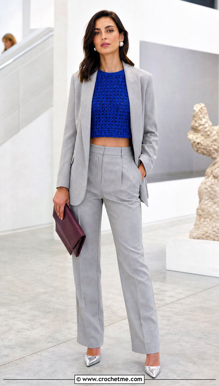 Cropped Crochet Sweater With Tailored Suit - 25 handmade crochet sweater outfit ideas