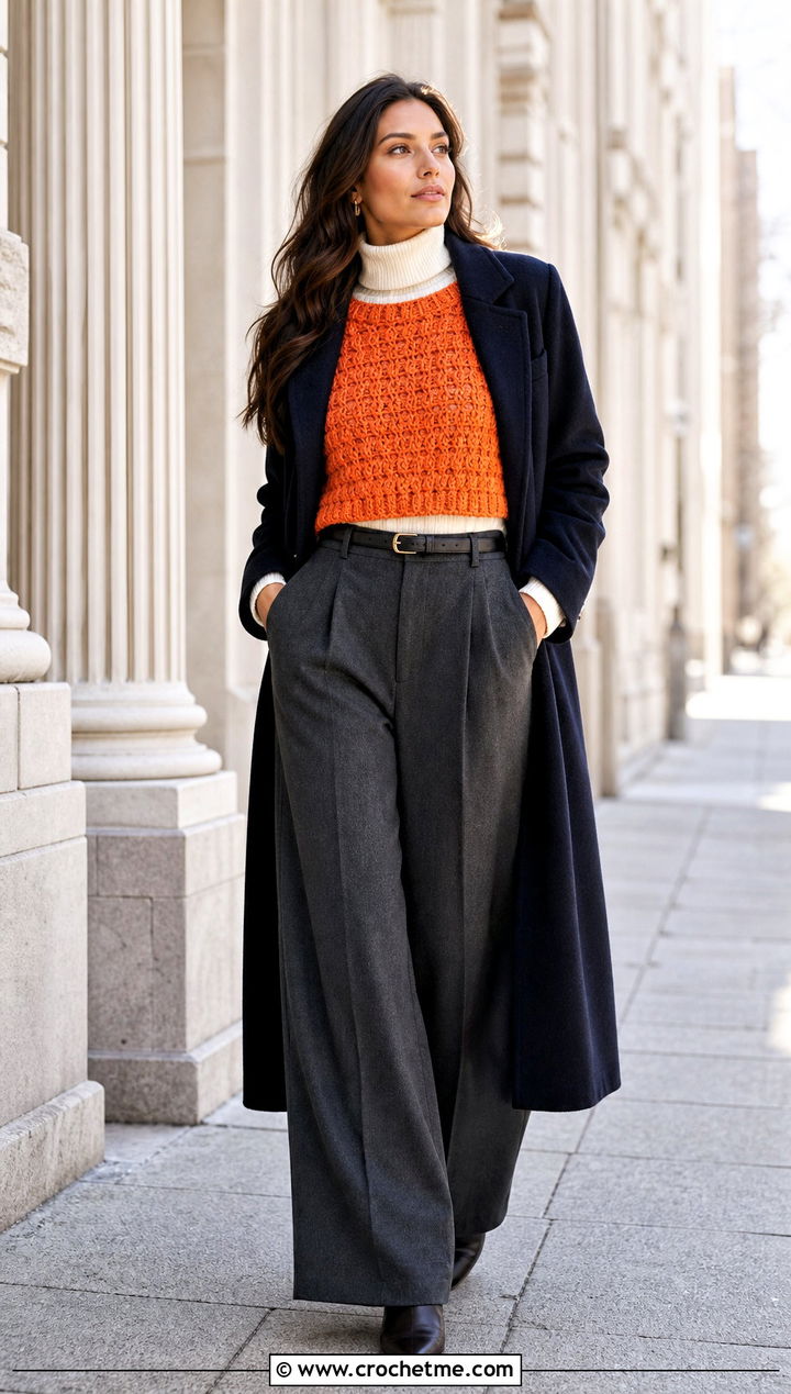 Cropped Crochet Sweater With Wide Leg Trousers - 30 crochet winter sweater outfit ideas