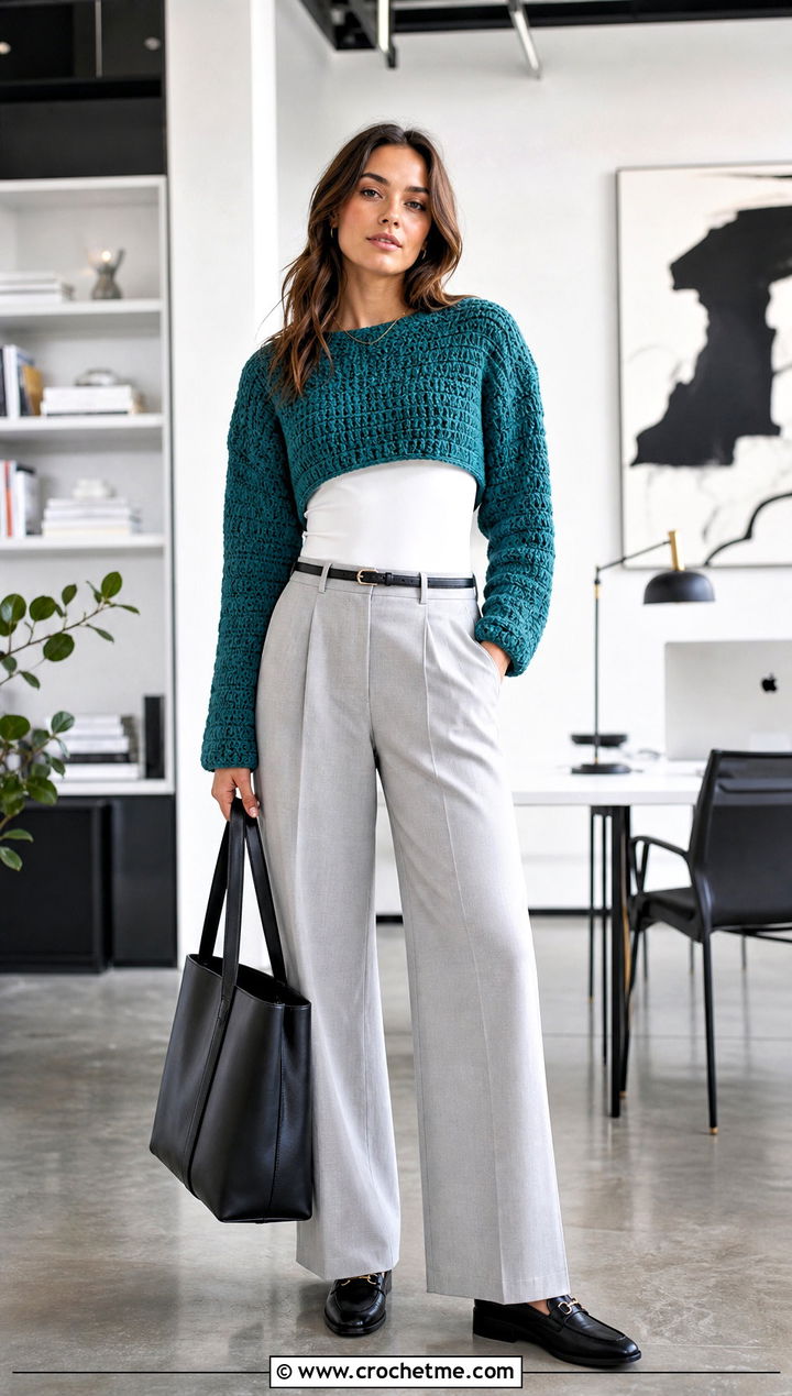 Cropped Crochet Sweater With Wide Leg Trousers - 35 crochet sweater women outfit ideas